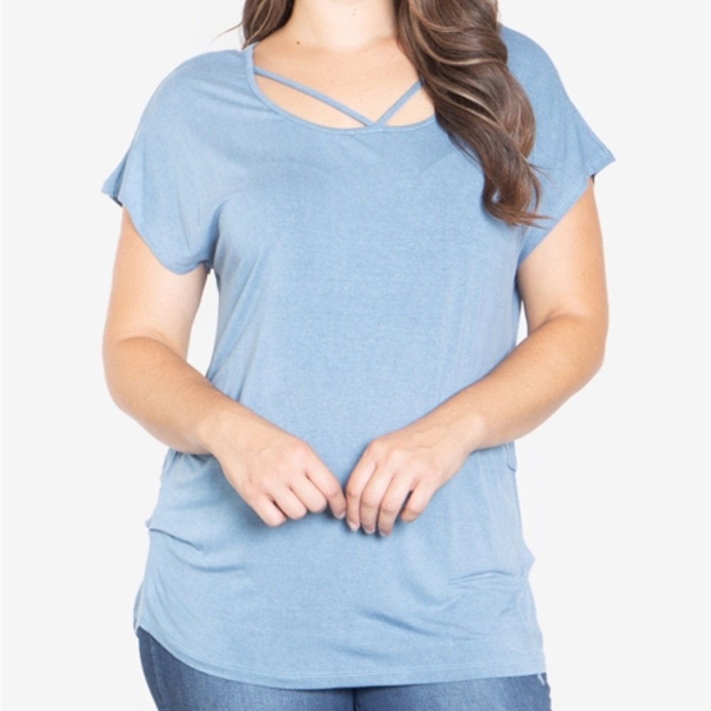 Blue Scoop Neck, V-String Detail, Short Sleeve Tee